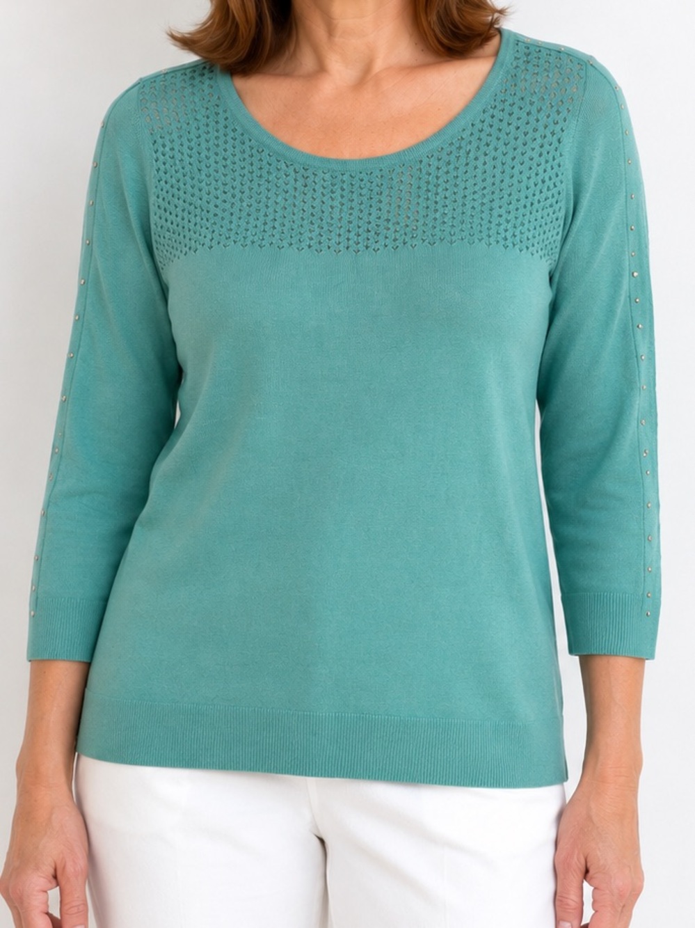 7th Avenue NY&C Lightweight Teal Scoop Neck Knit Sweater with Studded Sleeves